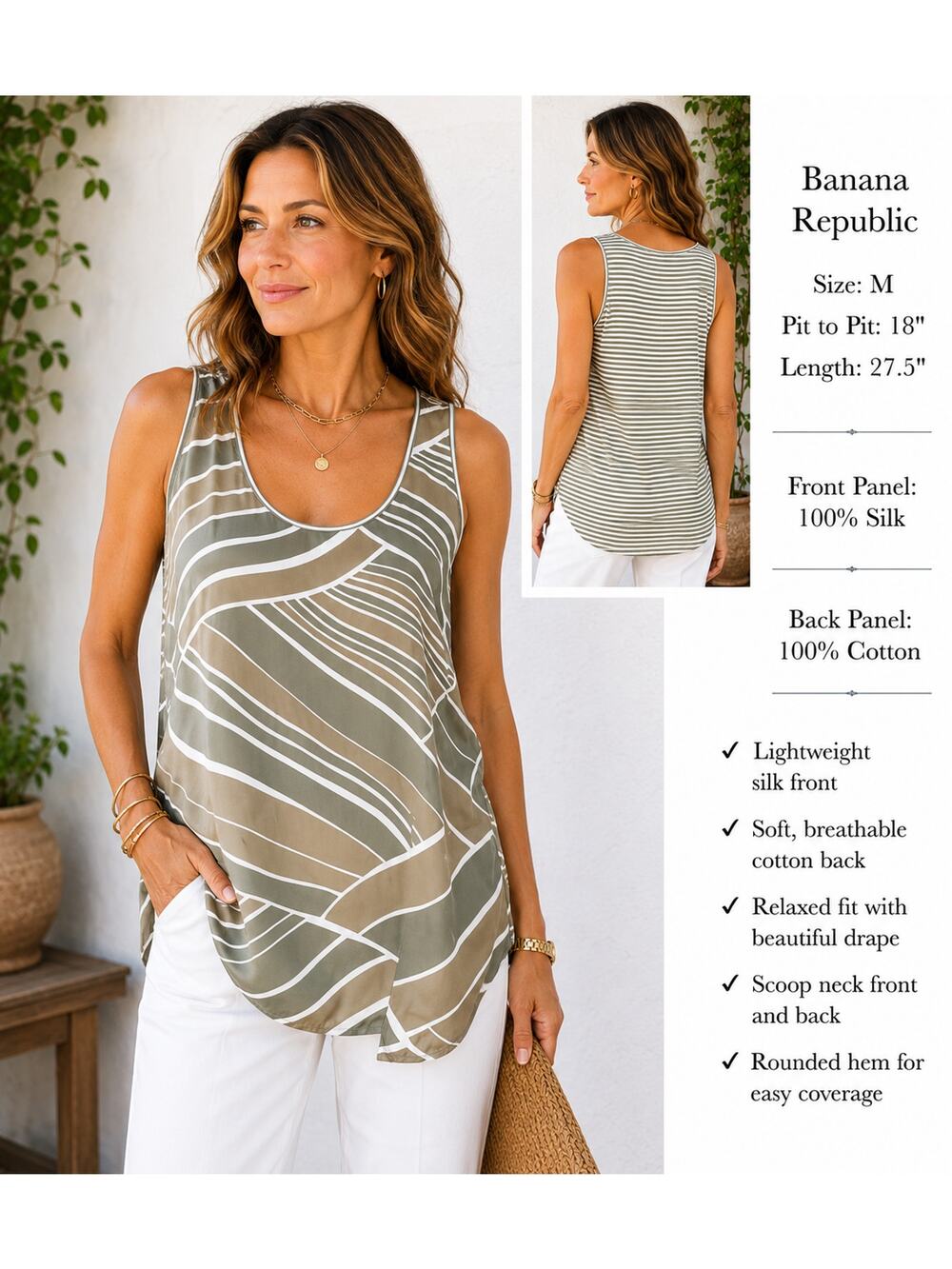 Banana Republic Silk Front, Cotton Back Breathable Olive Striped Tank Size M